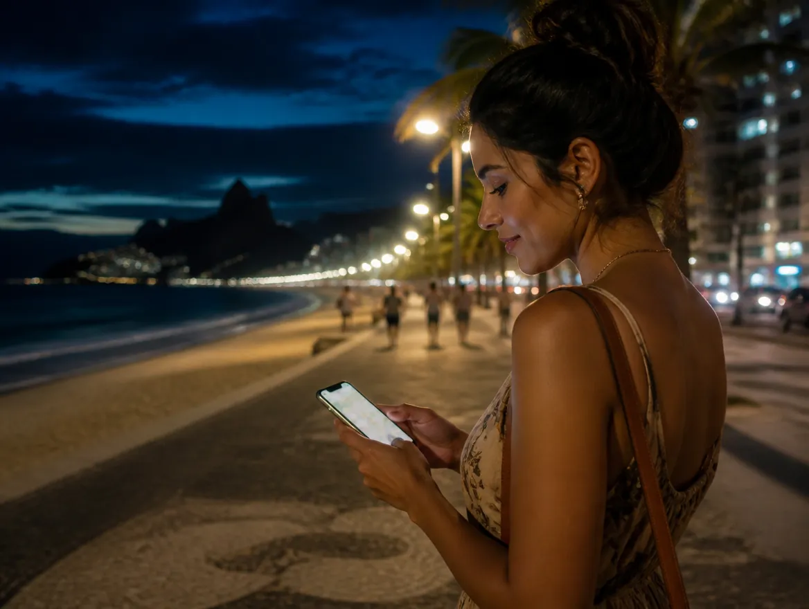 Mulher procurando um lugar no mapa do celular, à noite, na orla