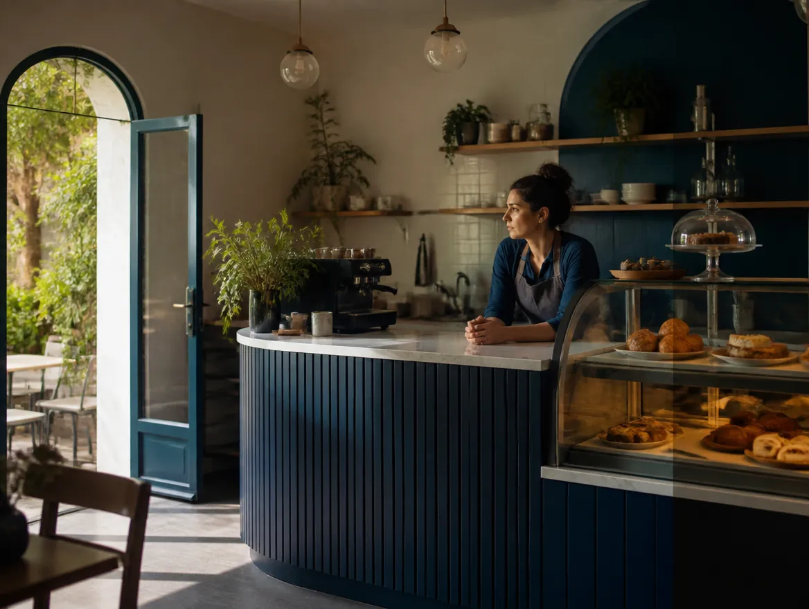 Café bonito e vazio, com a dona esperando clientes no balcão